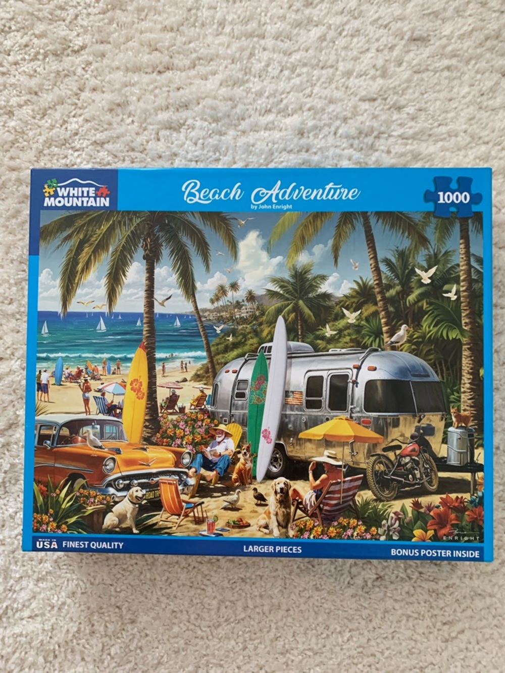 White Mountain Tropical Beach Scene Puzzle with Surfboards and Airstream